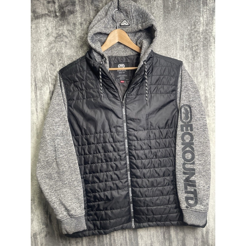 Vintage Y2K Ecko Unltd. Puffer Jacket‎ 2XL  Black/Gray Zip-Up Hoodie